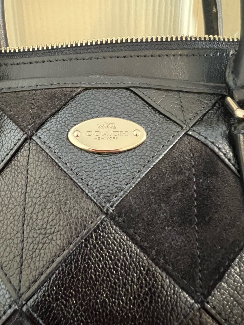 Stunning RARE Coach Morgan Diamond Patchwork Leather & Suede Satchel Bag Navy - Picture 8 of 16